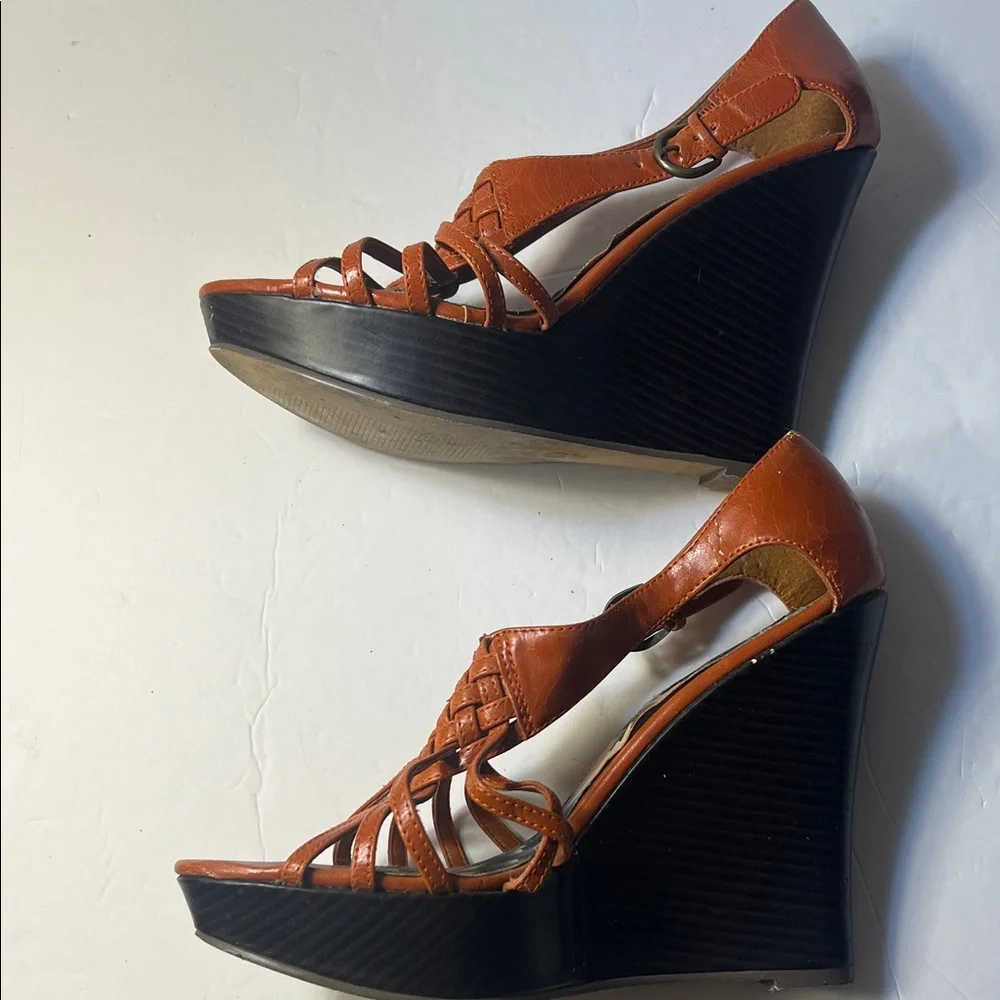 Michael Antonis Women’s orange Wedge Sandals - Strappy Platform Heels size 9.5